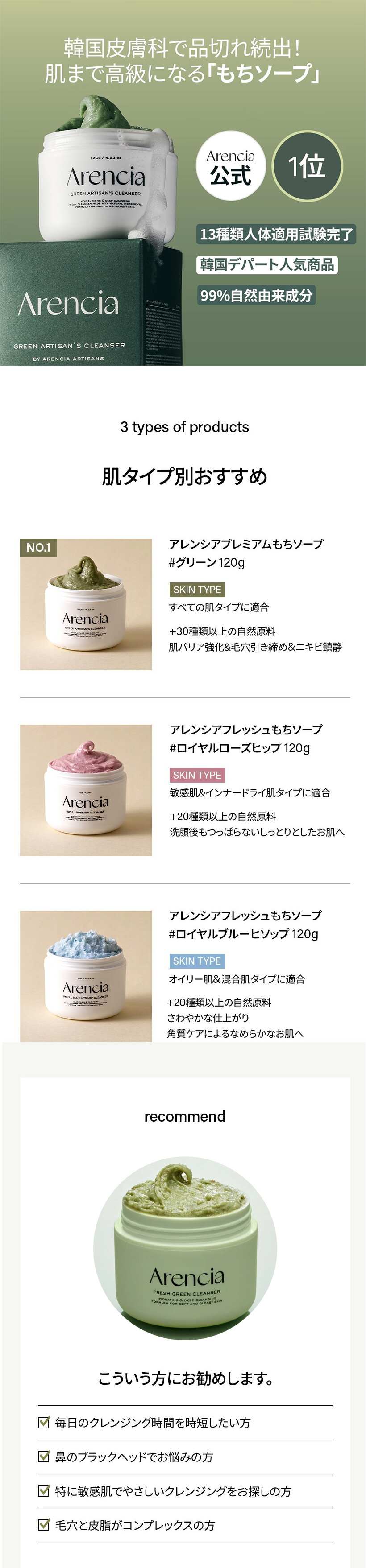 [Arencia] アレンシア フレッシュもちソープ 3種セット / 3個（120g+50g+50g） パッケージリニューアル プレミアムもち ソープ フレッシュもちソープクレンザー 洗顔料 保湿 角質 毛穴ケア