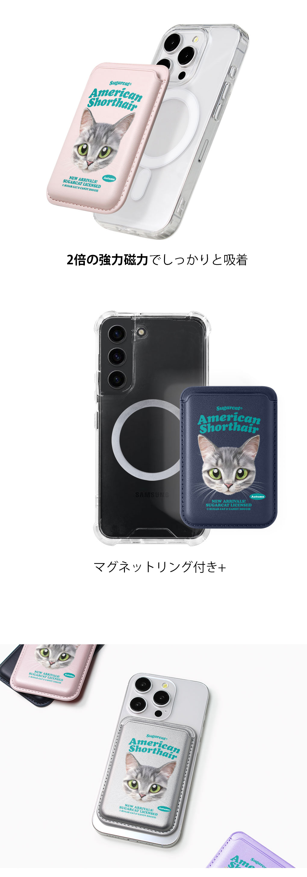 [sugarcat] MagSafe カードケース アメリカンショートヘア autumn / アメリカンショートヘア 猫デザイン マグセーフ MagSafe対応 レザーウォレット カードケース シュガーキャット 猫 ペット #クリックポスト